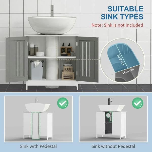 Grey under-sink cabinet with two doors open, showing shelves for bathroom storage.