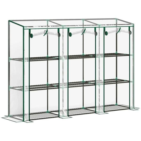 Nine-shelf greenhouse with green frame and clear panels, open design with multiple shelves.