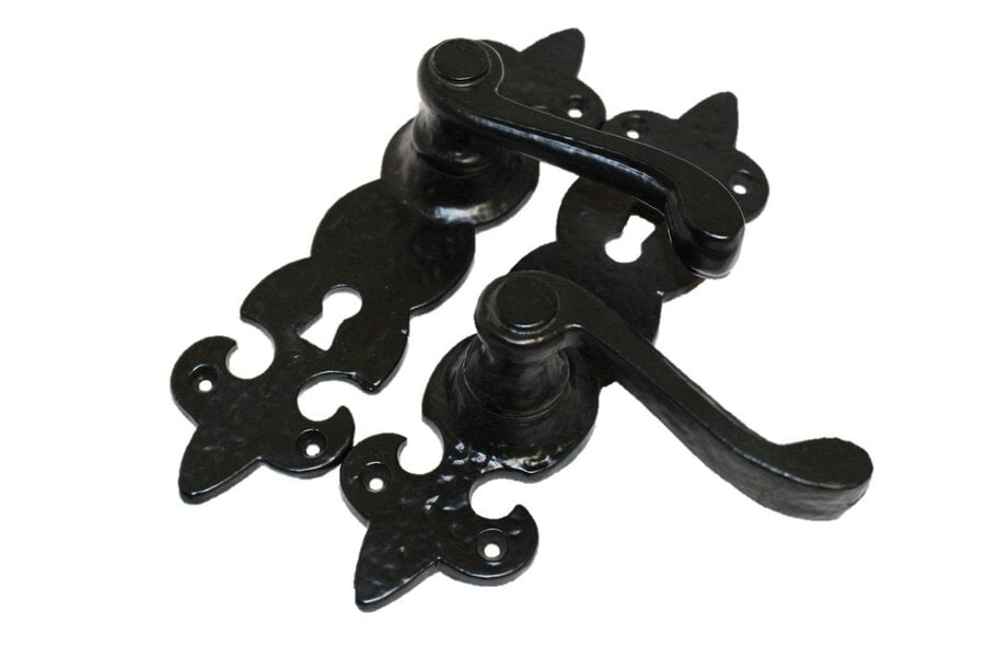 EDH Door Hardware Black Cast Iron Fleur-de-Lys Lever Lock Door Handles  Ornate Antique Internal