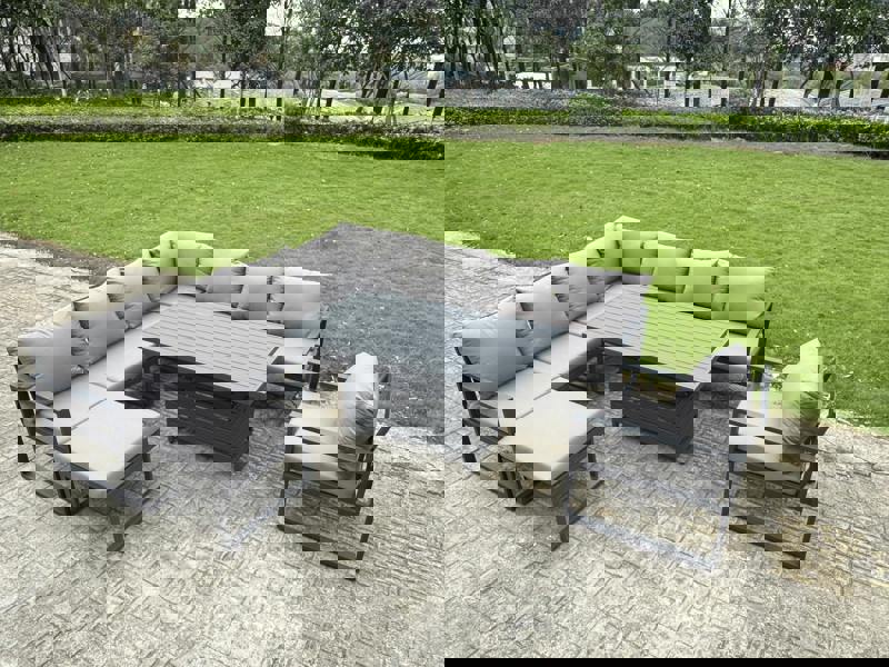 Fimous 9 Seater Aluminium Sofa Garden Furniture Set with Rising Dining Table, Chair, Footstool - Dark Grey