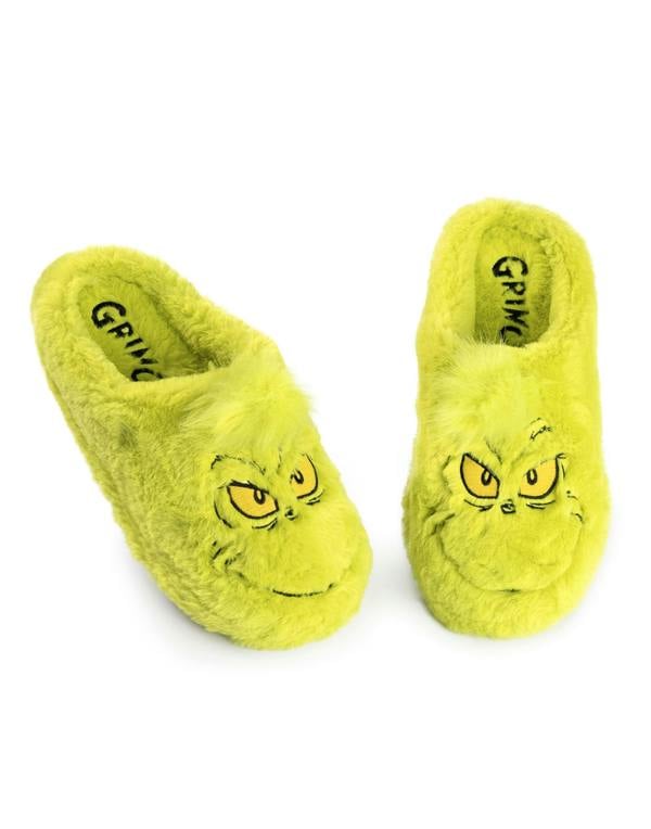 The Grinch Mens Green Embroided Face Mule Slippers