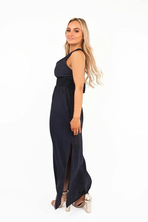 Talina Cross Back Maxi Dress With Ruched Waist - Navy