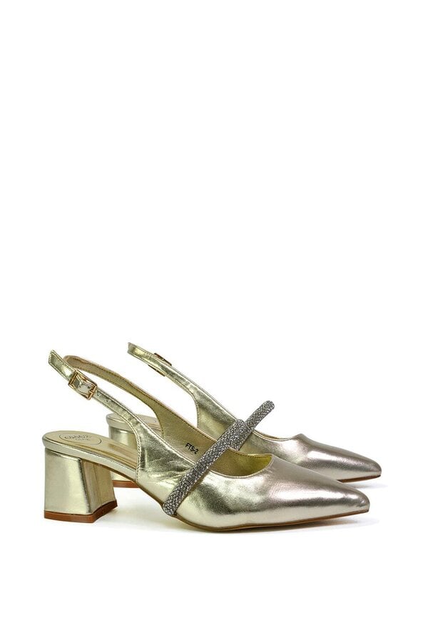 XY LONDON Slingback Strappy Pointed Toe Diamante Mid Block Heels
