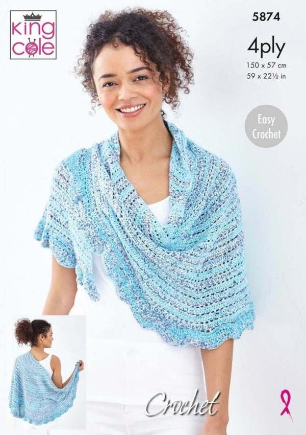 King Cole Summer 4 Ply Crochet Pattern 5874, Shawls for Women, One Size - Easy