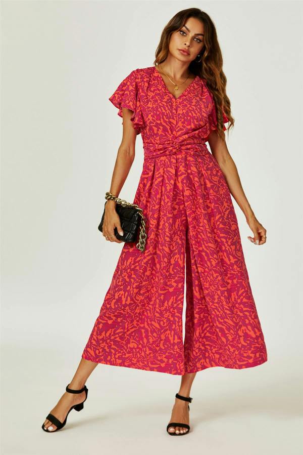 FS Collection Printed Wide Leg Twist Jumpsuit In Fuchsia