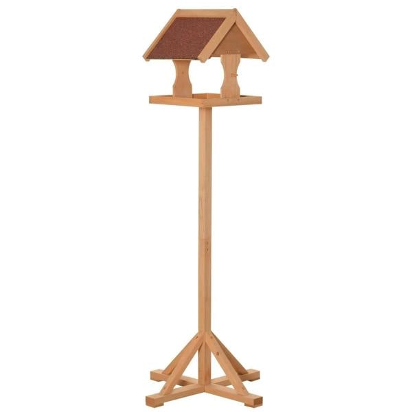 Freestanding wooden bird table feeder with slanted roof and open feeding platform