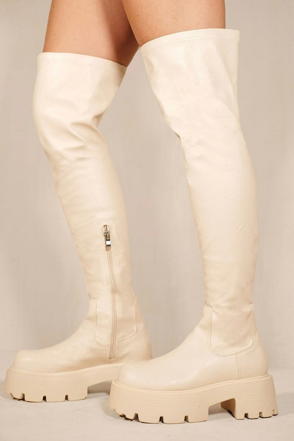 Where's That From Tilley Chunky Chelasea Calf High Boots With Side Zip in Ivory Cream Faux Leather