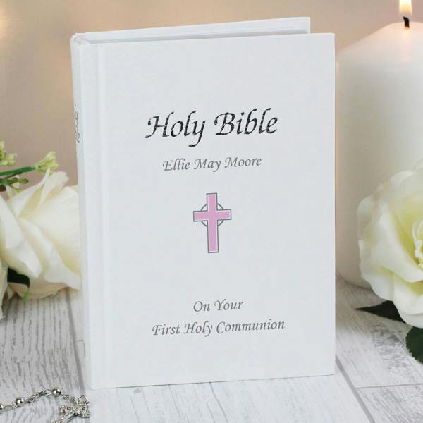 Personalised First Holy Communion Pink Cross Bible - lifestyle shot