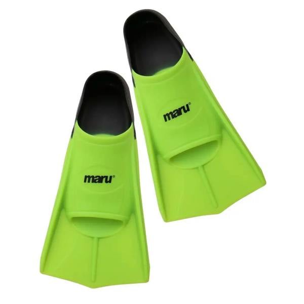 Lime green and black Maru Training Fins with ergonomic design for ankle flexibility and comfort