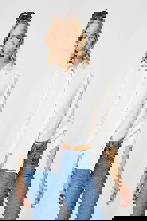 White | Plain Puff Sleeve Button-Up Shirt
