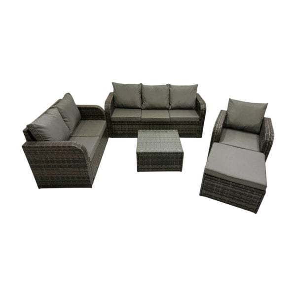 Fimous 3 Seater Sofa Reclining Chair Coffee Table Set Rattan Garden Outdoor Furniture Set with Big Stool Dark Grey Mixed