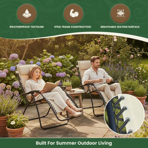Reclining Garden Chairs – Set of 2 Folding Sun Loungers with Lockable Positions, Adjustable Headrest & Weatherproof Textoline, Beige