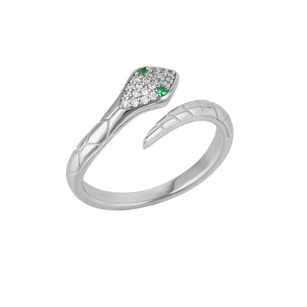 Spero London Pave Snake Ring With Green Eyes in Sterling Silver