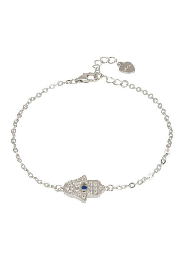 Silver bracelet with a hamsa hand charm on a white background