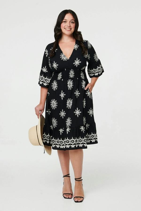 Black | Curve Printed V-Neck Knee Length Dress
