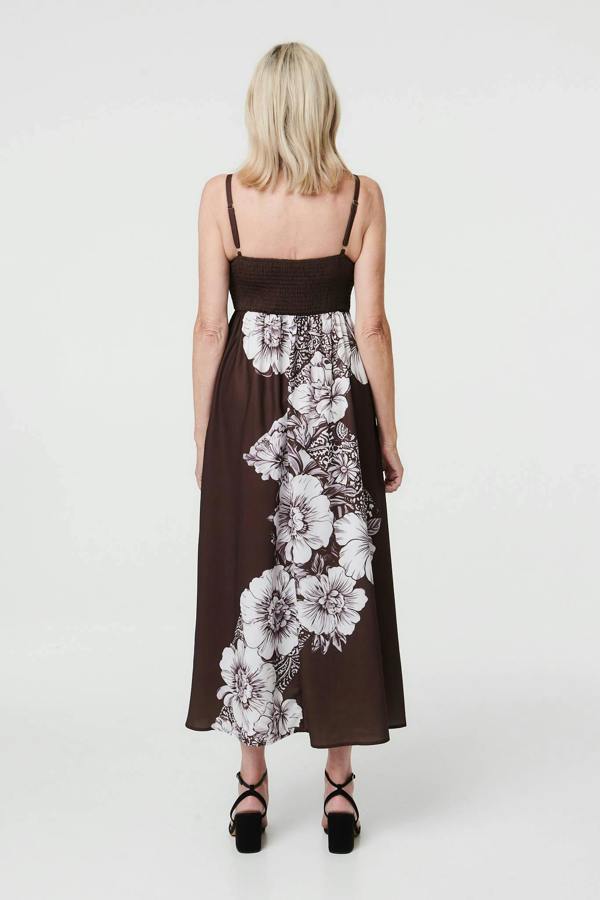 Brown | Floral Sleeveless Cami A-Line Midi Dress