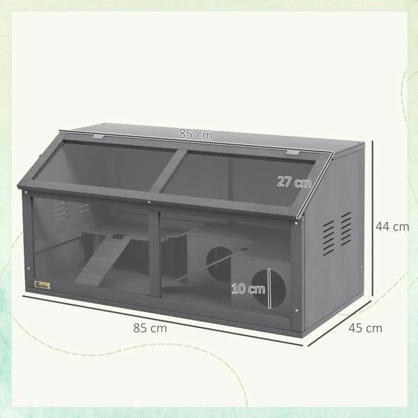 Charcoal grey wooden hamster cage showing dimensions, open roof, and two interior areas