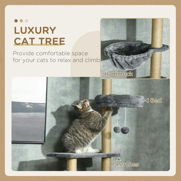 Grey floor-to-ceiling cat tree tower with hammock-style bed and raised perches