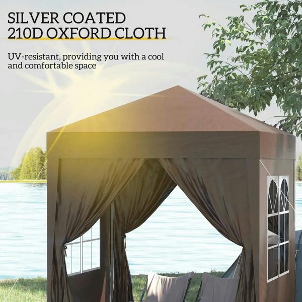 Coffee-brown pop-up gazebo canopy with draped curtains and window panel