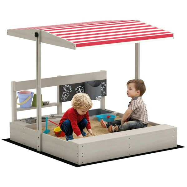 Dyzi Kids Wooden Sandbox with Adjustable Canopy Kitchen Playset and Seat