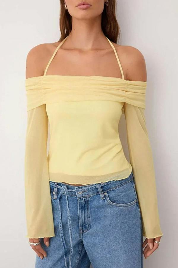 Hoxton Gal Off-Shoulder Knit Blouse with Tie Detail and Flared Sleeves