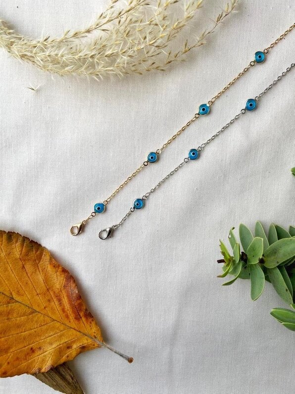 The Colourful Aura Gold and Silver Evil Eye Charm Beaded Slim Chain Adjustable Lucky Eye Bracelet