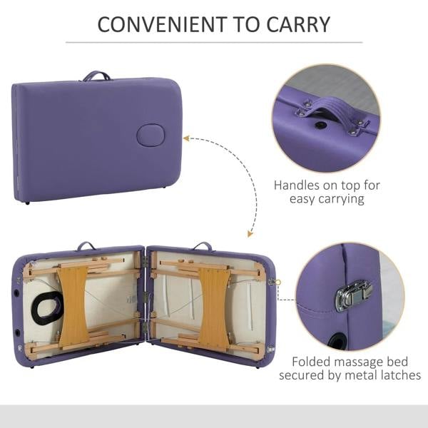 Purple folding massage bed with protective carry case and metal latches for storage