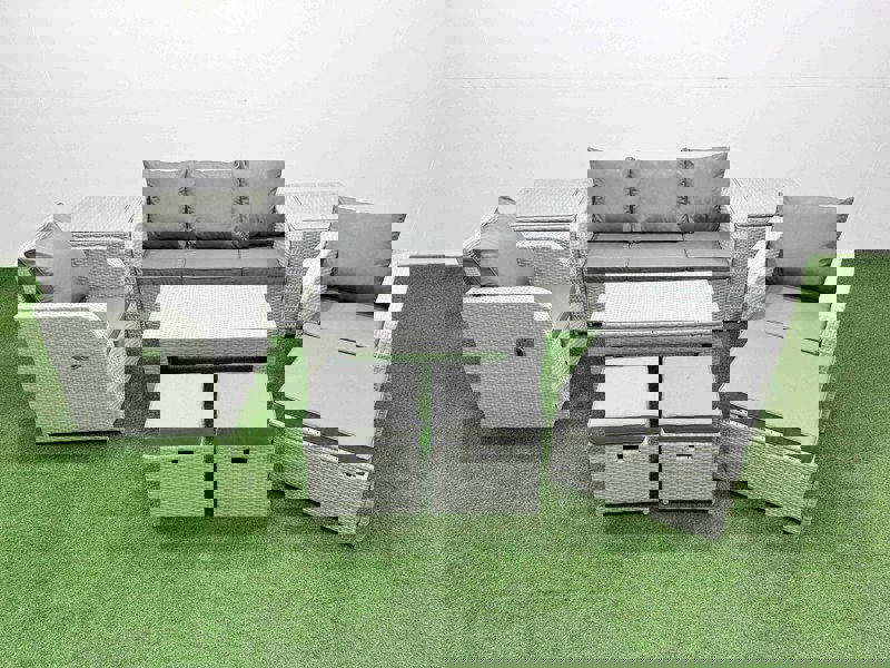 Fimous PE Rattan Garden Furniture Set Reclining Chair Sofa Lounge Sofa Set Rectangular Coffee Table 2 Side Table 3 Stools Light Grey