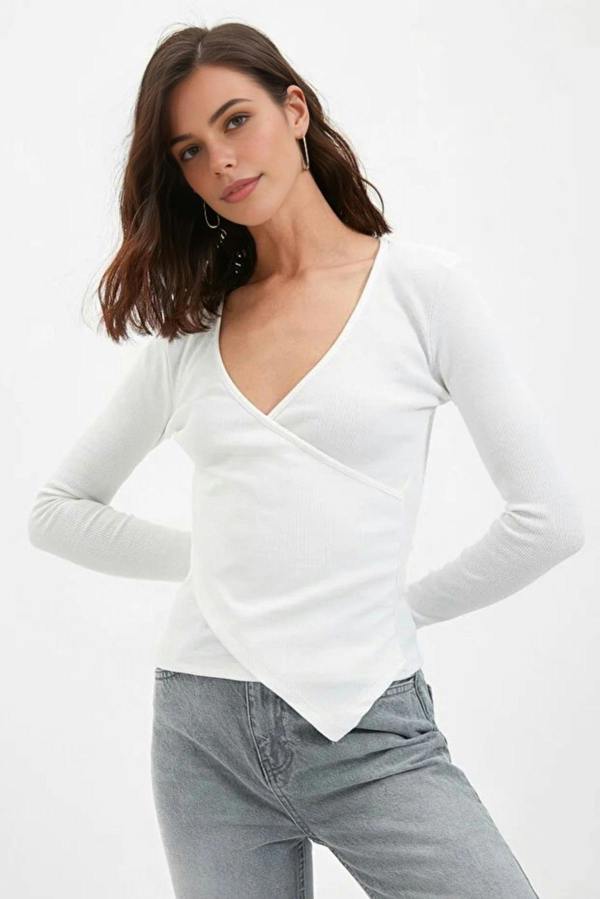 WOVCOR Double Breasted Collar Long Sleeve Ribbed Knit Blouse