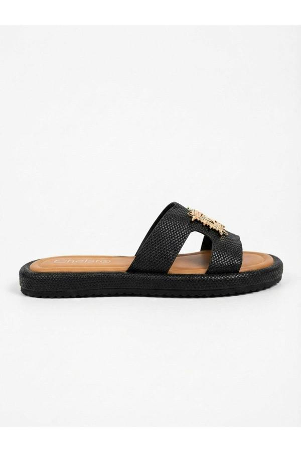 Amber Gold Woven Buckle Slides - Black
