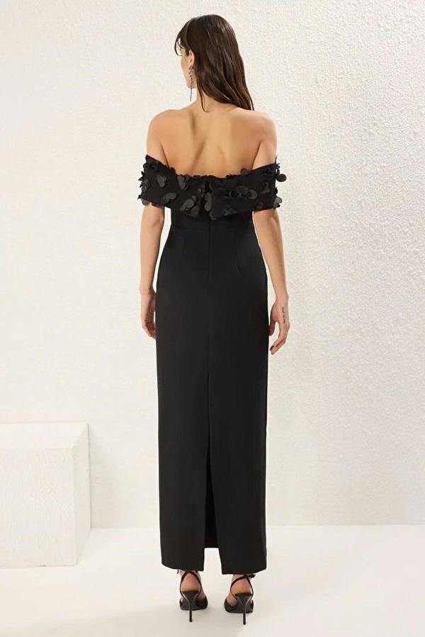 WOVCOR Carmen Collar Woven Long Dress with Floral Applique Detail