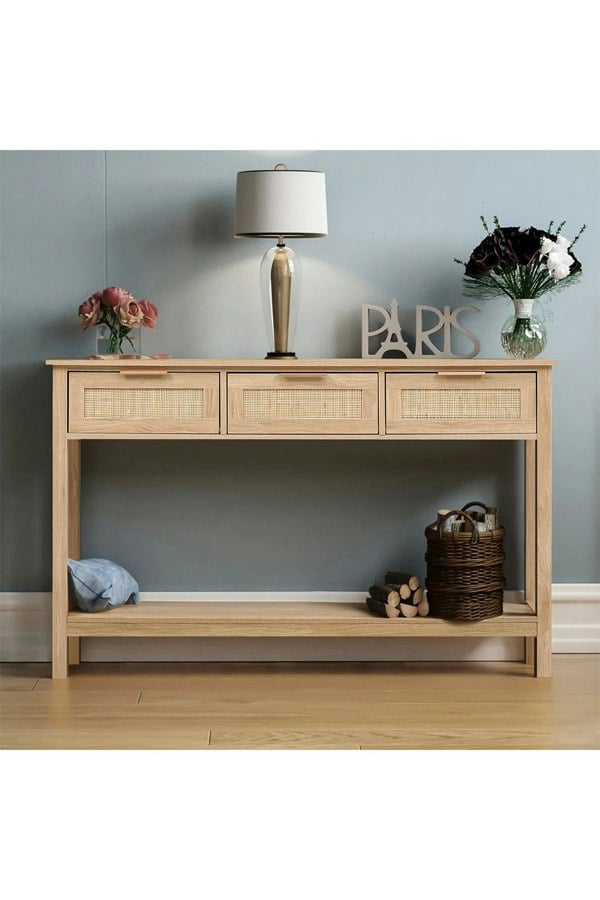 Living and Home Rustic Wood Rattan 3 Drawer Console Side Table