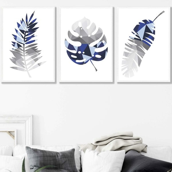 Artze Wall Art GEOMETRIC Set of 3 Blue & Grey Tropical Leaves Framed Prints