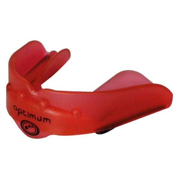 Red Optimum Matrix mouthguard with black logo, close-up side view on white background - Optimum