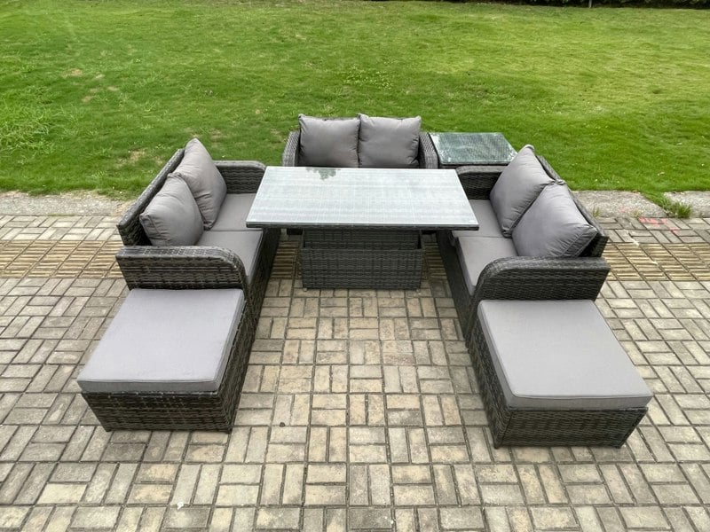 Fimous Rattan Garden Outdoor Furniture 3 PC Love Sofa Set Patio Adjustable Rising lifting Dining Table With Side Table 2 Big Footstool