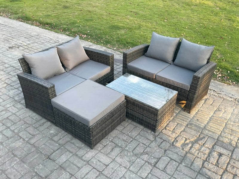 Fimous 5-Seater Dark Grey Rattan Outdoor Sofa Set | Rectangular Coffee Table, Double Sofa, Large Footstool