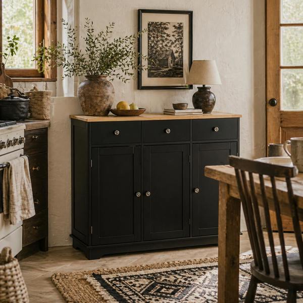 Wyld Haus Totoro Black Sideboard With Natural Top 3 Doors 3 Drawers 3 Shelves