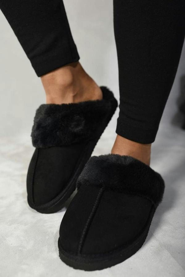 Josie Fuzzy Faux Fur Lined Slip-on Slippers - Black