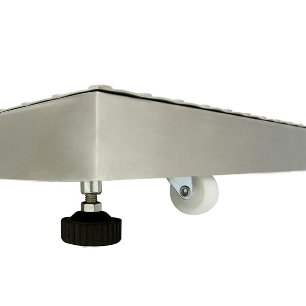 Sturdy stainless steel platform scales with a textured surface, adjustable feet, and smooth-rolling wheels for easy mobility