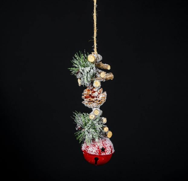 33cm Red Hanging Decoration with Jingle Bells, Wooden Sticks, Berries and Pinecones for Christmas Home or Door Display image 3