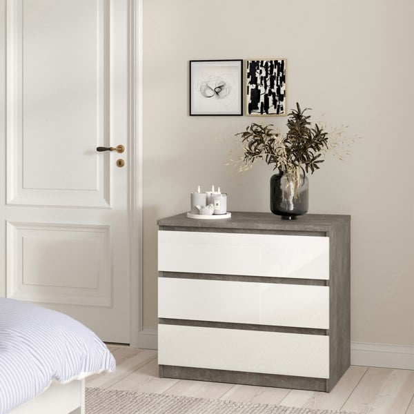 Furniture To Go Naia Chest of 3 Drawers in Concrete and White High Gloss