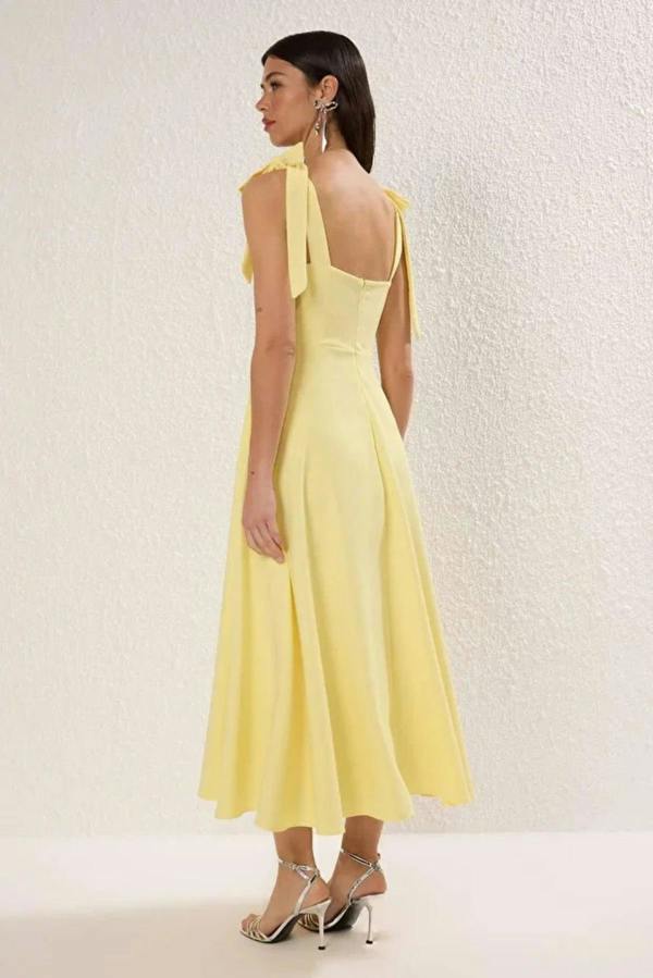 Hoxton Gal Elegant Woven Midi A-Line Dress with Tie-Strap Detail