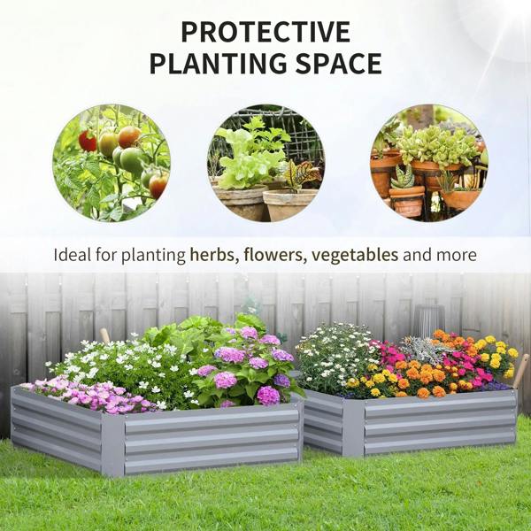 Grey raised garden bed set of 2 with dense flower and herb planting in yard