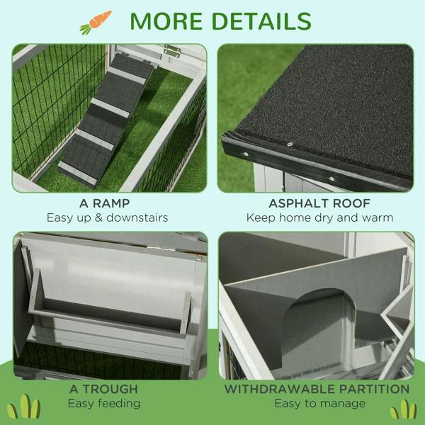Rabbit hutch details: ramp, asphalt roof, feeding trough, and removable partition