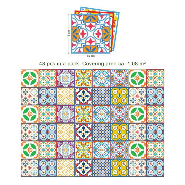 WALPLUS WT1536 - Classic Mediterranean Colourful Mixed Tiles Wall Stickers Set 2 - 15 x 15 cm (6 x 6 inches) - 24 pcs.