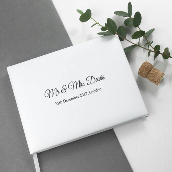 Engraved White Leather Wedding Guest Book - alternative angle