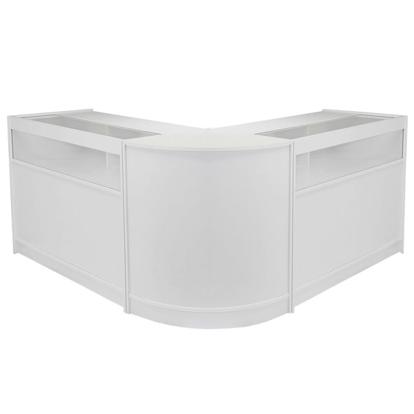 Fusion Brilliant White shop counter and retail display set featuring a sleek, modern design with smooth surfaces and a curved shape