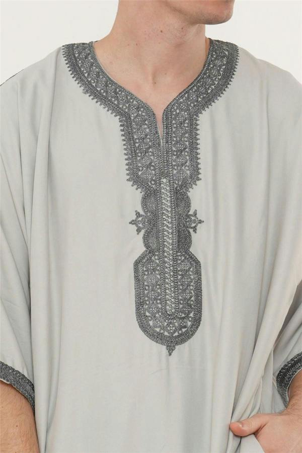 Infinity Leather Men's Moroccan Thobe Robe Djellaba Arab Short Sleeve Embroidery Gandoura Jubba
