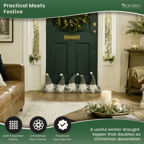 Christmas Draught Excluder with Grey Gonk Design, Soft Door Snake with 5 Gonks, Polyester Fabric, 73cm Wide x 28cm High, Fun Seasonal Draught Stopper