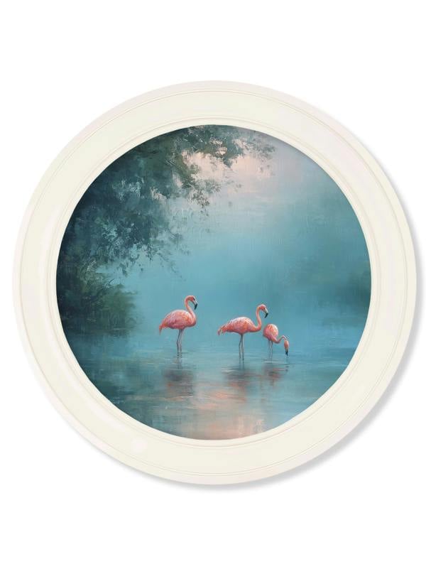 Exceptional Art Misty Lake Flamingos - Oxford Strong White Round Frame